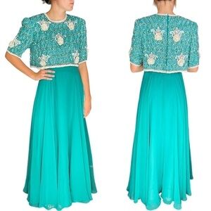 VINTAGE RICHILENE 70S SILK CHIFFON BEAD EMBELLISHED AQUA FORMAL EVENING GOWN